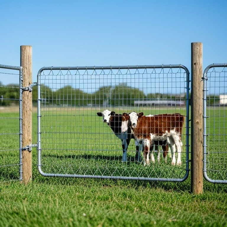 Welded wire mesh interior livestock pen on grassy farm pasture with calves