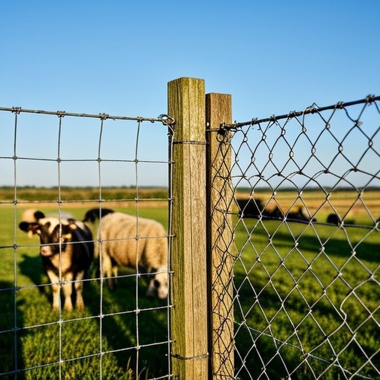 Photorealistic documentary-style photograph of two adjacent livestock fencing sections in a sunlit rural farm setting, contrasting flexible woven wire and rigid welded wire mesh with livestock interaction