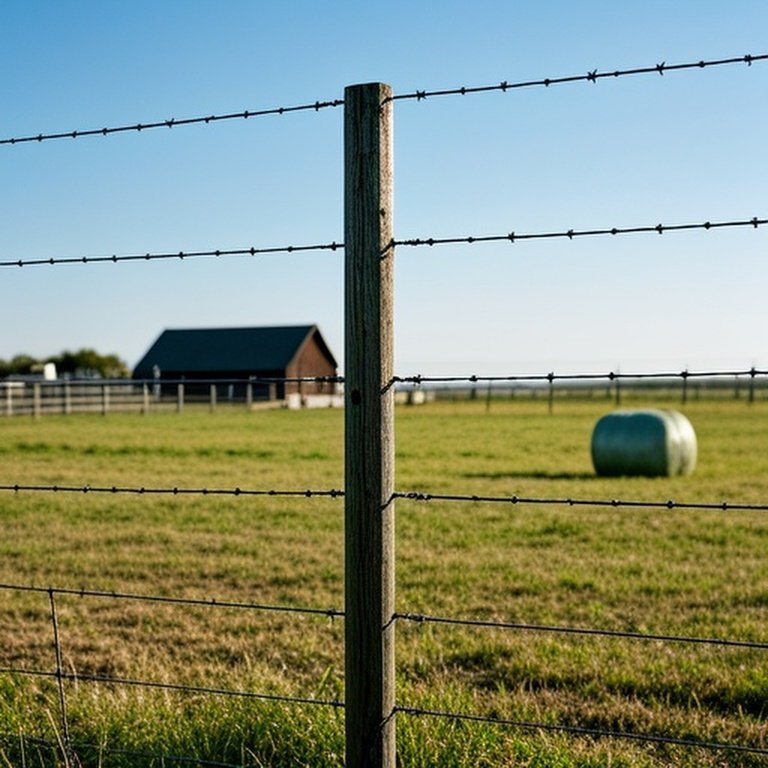 Realistic documentary-style photograph of a rural farm with two distinct fenced sections