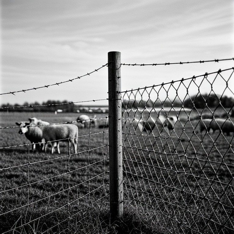 Rural farm field with woven and welded wire fencing for livestock containment