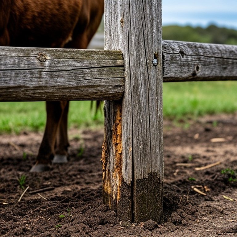 Deteriorating wood fence section on a farm showing rot, warping, and livestock pressure damage