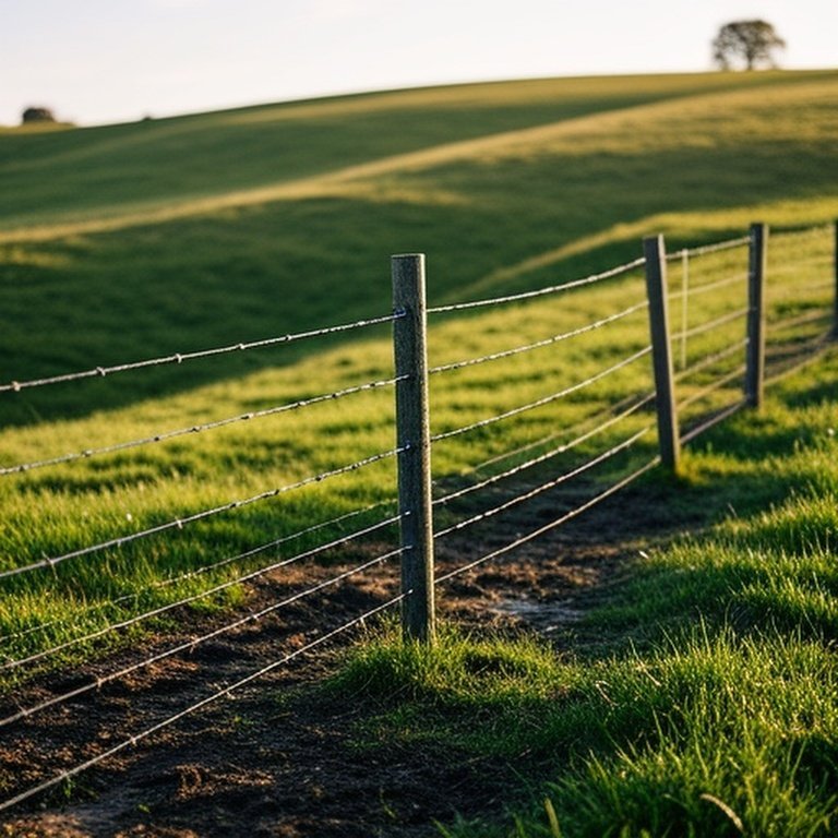 Realistic documentary-style photograph of agricultural wire fencing installation errors on uneven pasture hills, suitable for agricultural fencing informational content