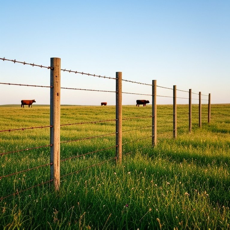 Documentary-style wide-angle photograph of well-maintained barbed wire perimeter fence on cattle ranch pasture