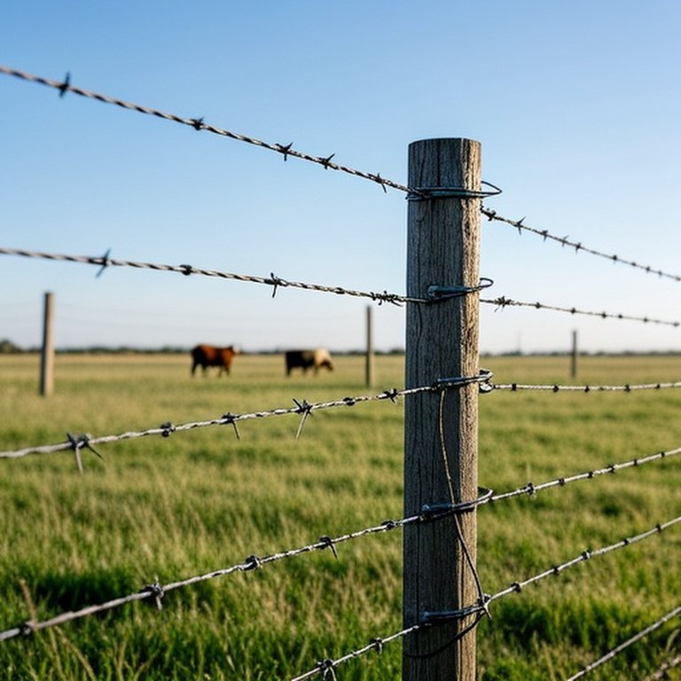 Realistic documentary-style photograph of a well-installed high-tensile wire fence in pastoral field for livestock containment