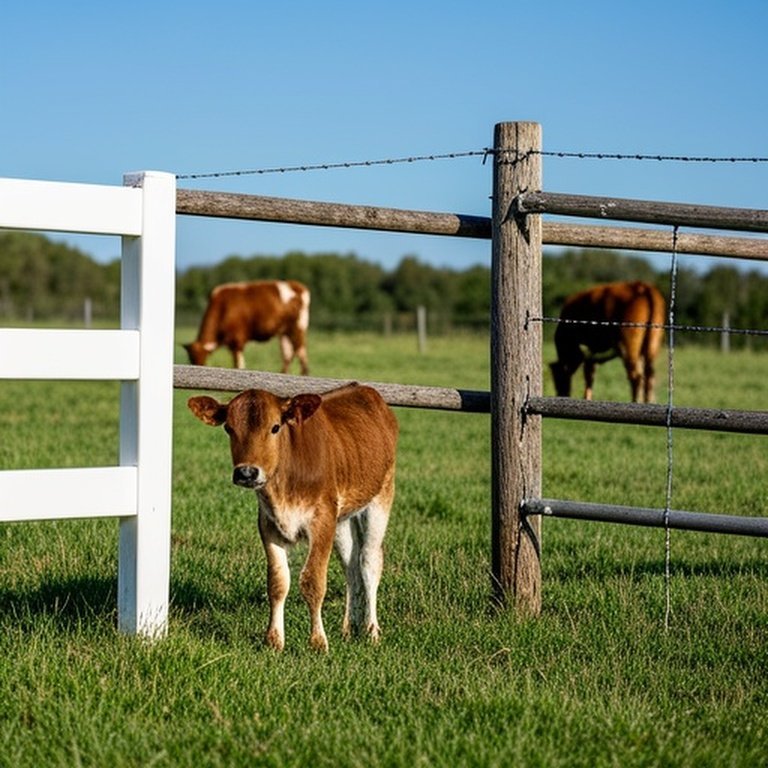 Realistic documentary-style photograph of sunny farm pasture with three distinct fencing systems (PVC, wooden, metal) and grazing cattle