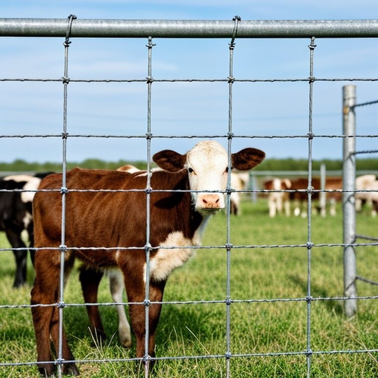 Realistic documentary-style well-installed welded wire mesh livestock fence enclosing calves in rural farm setting with predator exclusion