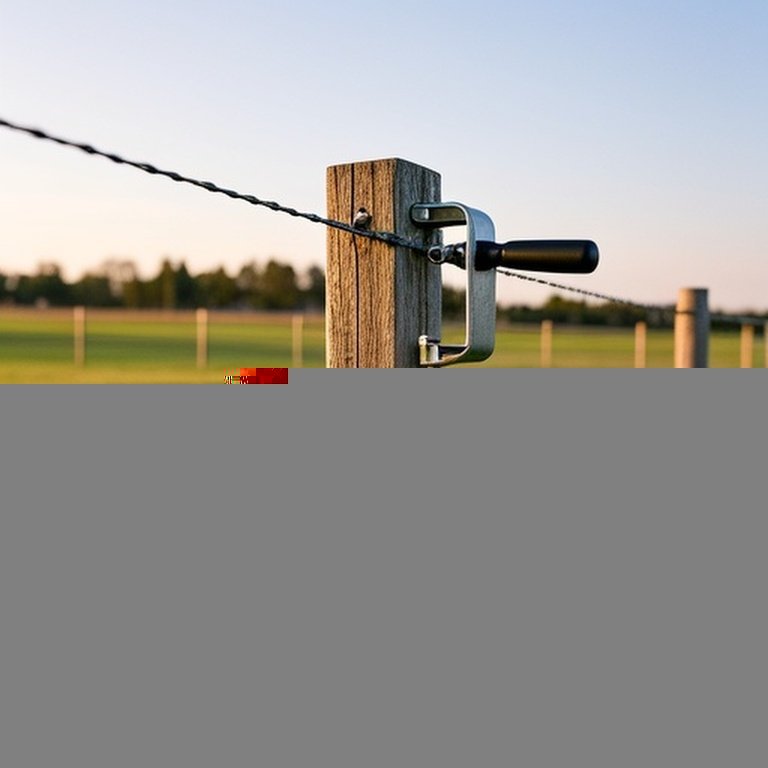 Rural agricultural field with newly installed high-tensile wire fence and farm tensioning equipment Rural agricultural field with newly installed high-tensile wire fence and farm tensioning equipment
