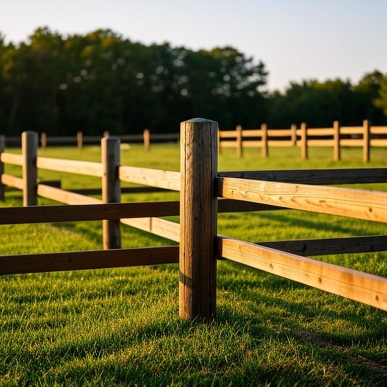 Sturdy livestock fence in sunlit rural pasture with pressure-treated pine posts and cedar rail boards Sturdy livestock fence with pressure-treated pine posts and cedar rail boards in sunlit rural pasture