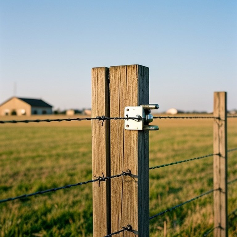 High-tensile wire fence on farm with tension gauge for livestock-friendly fencing setup