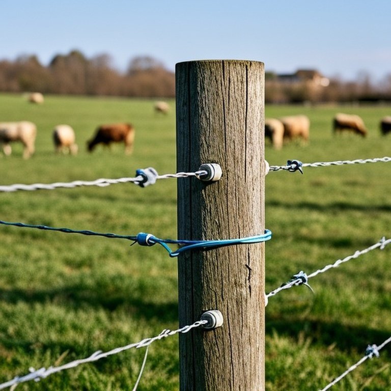 Woven wire fence with electric deterrent wires in rural livestock pasture for predator control Woven wire fence with electric deterrent wires in rural livestock pasture for predator control