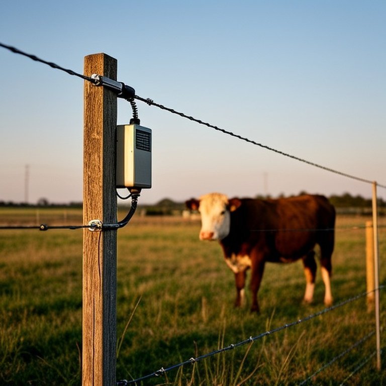 Farm pasture with electric fence system showing deterrent effect on a calm cow, documentary-style photo with late-afternoon light Realistic documentary-style photograph of a farm pasture with an installed electric fence system (grounded energizer unit, taut wire), a calm cow nearby demonstrating the fence’s deterrent effect, late-afternoon sunlight, and typical pasture elements like grass, sparse vegetation, and open sky