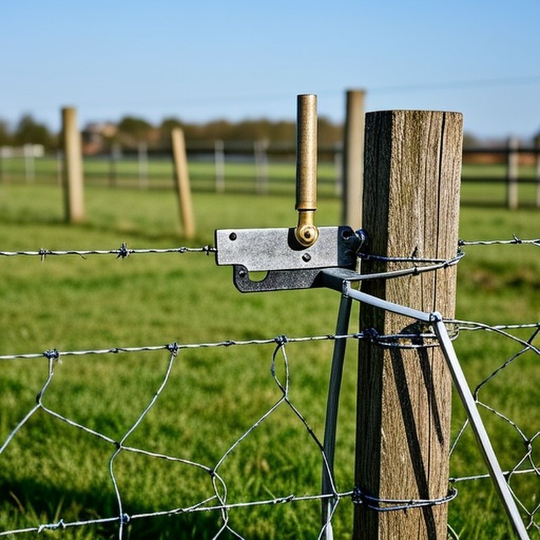 Newly replaced woven wire fence section in grassy agricultural pasture