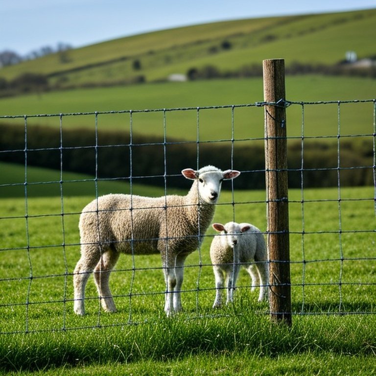Well-tensioned pasture fence with 4x4 inch mesh to prevent lambs and goat kids from escaping, with sheep in a lush green pasture