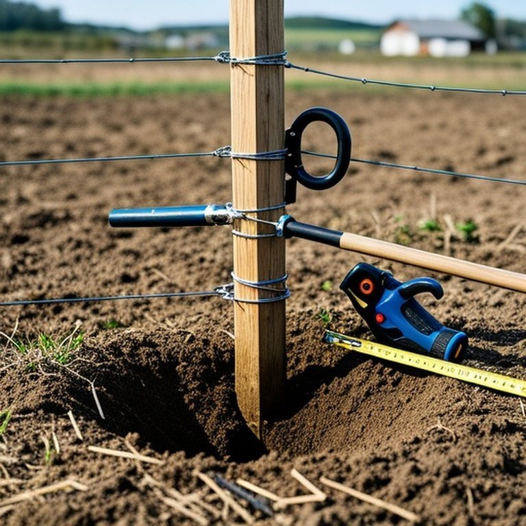 Rural agricultural field scene with essential DIY fence installation tools: manual post driver, measuring tape, string line with stakes, fence stretcher with high-tensile wire, and fencing pliers, arranged around a partially set wooden post and freshly dug post hole