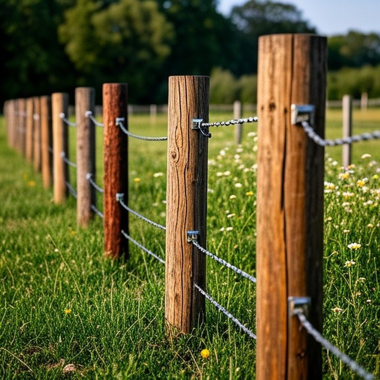 Diverse wooden fence posts for agricultural livestock enclosure in a farm pasture, demonstrating pressure-treated pine, black locust, and cedar options