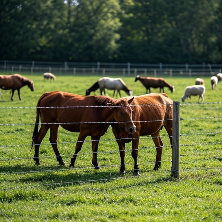 Realistic agricultural pasture scene with flexible fencing system enclosing mixed livestock (cattle, horses, sheep, goats) for safe, durable coexistence
