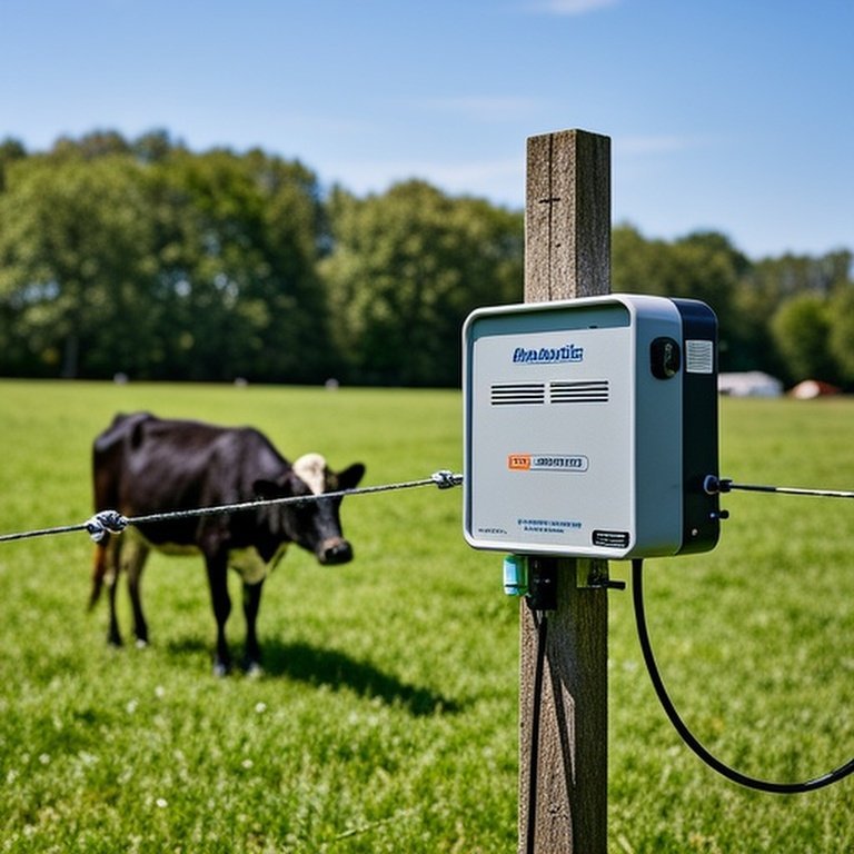 Realistic sunny farm pasture scene with modern electric fence energizer, well-maintained fence, ground rod, and a cow reacting to demonstrate non-injurious shock, emphasizing safety and effectiveness of certified equipment