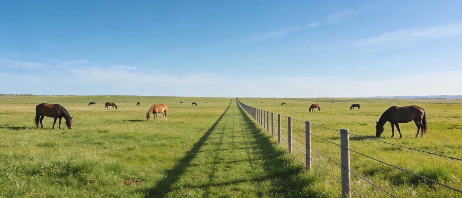Horses grazing near a visible fence line in an open pasture