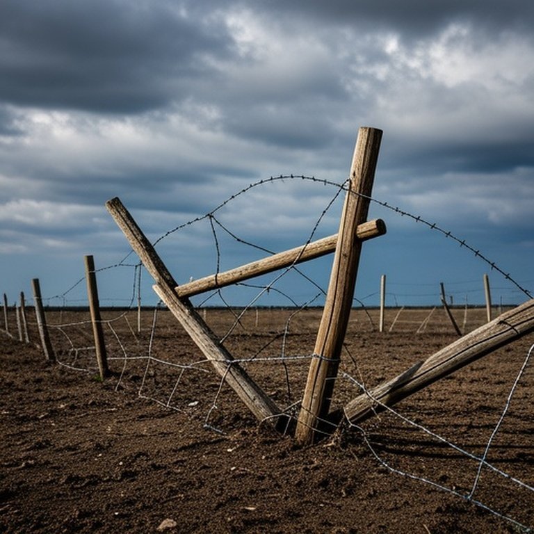 Storm-damaged agricultural fence section showing structural compromise needing replacement Storm-damaged agricultural fence section showing structural compromise needing replacement