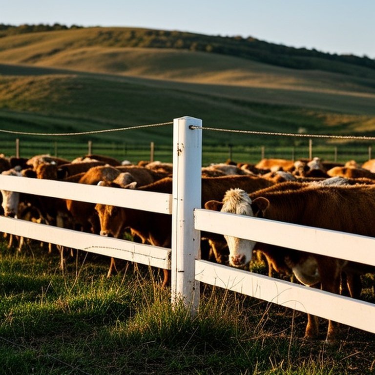 Realistic rural pasture scene with white PVC fence showing structural strain from cattle crowding