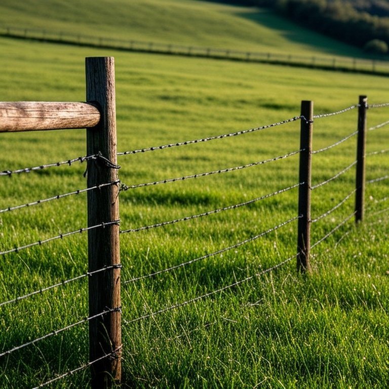 Farm pasture contrasting perimeter and interior cross fencing under natural sunlight Farm pasture with contrasting perimeter and interior cross fencing under natural light