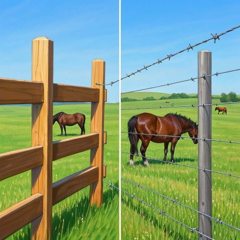 Realistic split-farm scene with wooden and high-tensile wire fences under natural daylight, showcasing livestock behavior and fencing efficiency comparison
